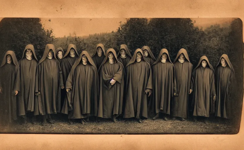 Image similar to a old daguerreotype photo of a group of cultists, wearing robes, wearing hoods, on a pilgrimage to hell, grainy, old photo, golden ratio, scary, horror photography, 5 0 mm lens, f 1. 8