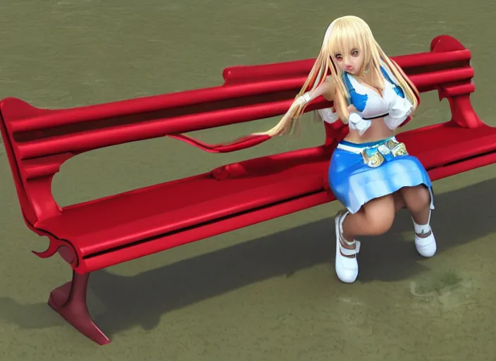 Prompt: 3D render of Marie Rose from Dead or Alive sitting on a park bench