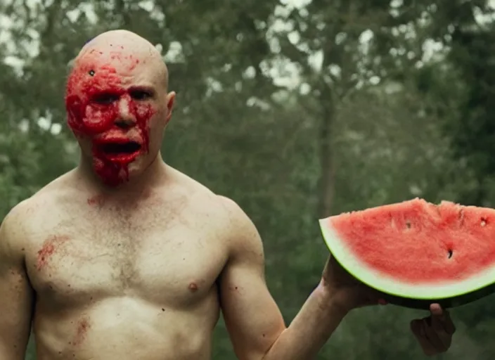 Image similar to film still of a man with a watermelon on his a head in the new horror movie, 4 k