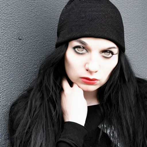 Prompt: an emo goth girl wearing a black beanie hat, British street background, black hair, 2006