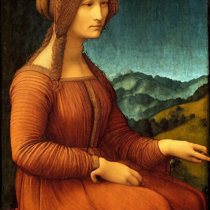 Image similar to a portrait of a woman painted by leonardo da vinci. the woman in the painting is shown seated with her hands folded in her lap. she is wearing a simple dress with a pattern of flowers. her hair is pulled back from her face and she has a small, faint smile. the background of the painting is a landscape of rolling hills and mountains.