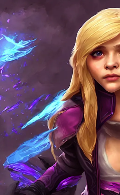 Image similar to Chloë Grace Moretz as a character in the game League of Legends, with a background based on the game League of Legends, detailed face, old 3d graphics