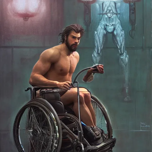 Image similar to handsome portrait of a wheelchair guy fitness posing, radiant light, caustics, war hero, smooth, one legged amputee, reflective water koi pond, ghost in the shell, metal gear solid, disabled, lush garden surroundings, by gaston bussiere, bayard wu, greg rutkowski, giger, maxim verehin