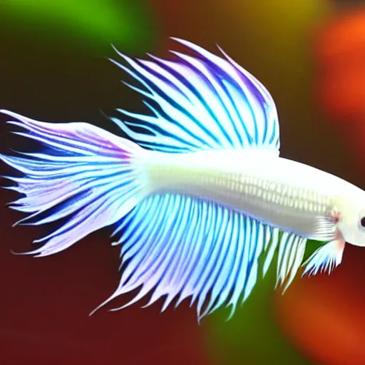 Prompt: a graceful iridescent white betta fish in black!!! water