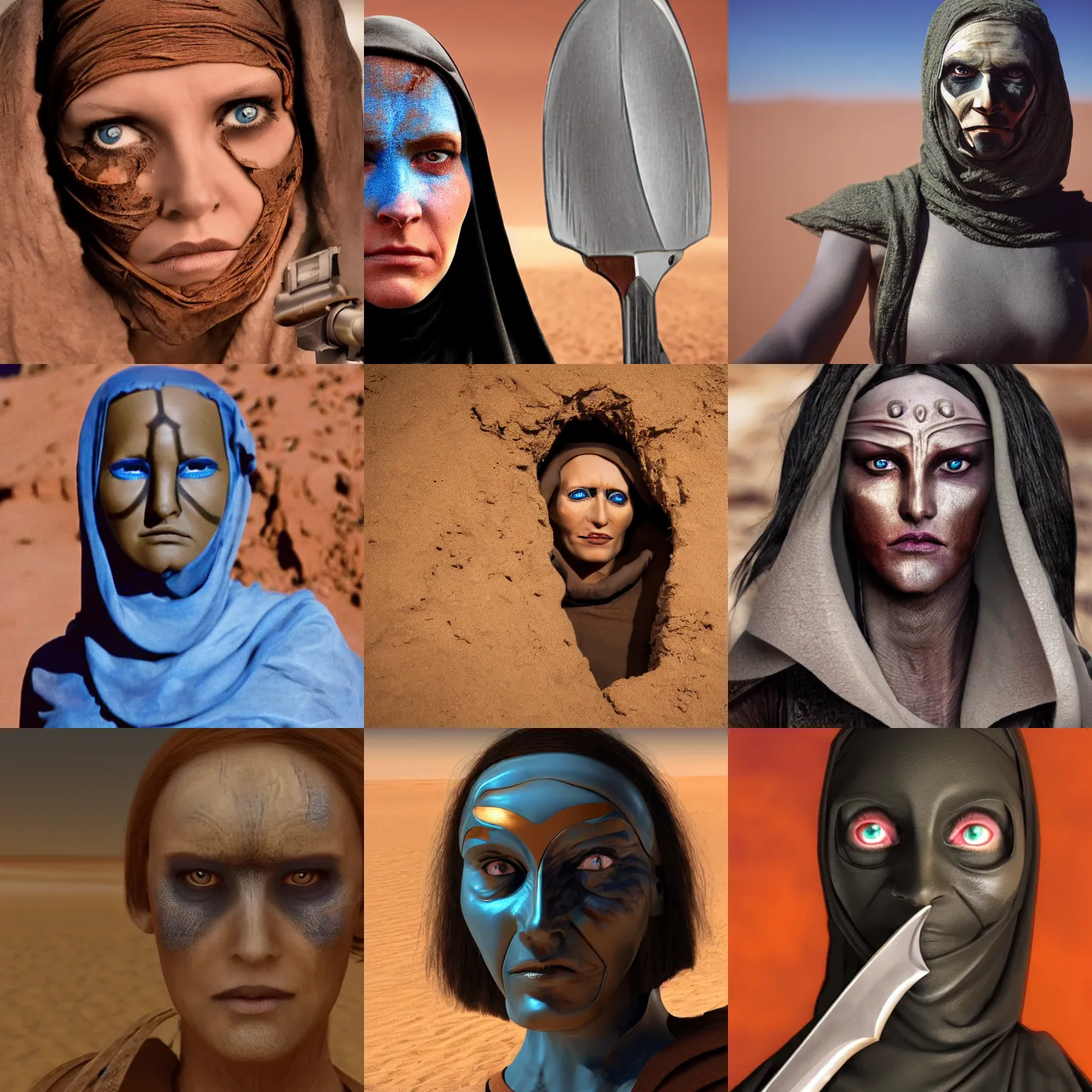 Prompt: photo of Fremen woman face looking into camera with a crysknife