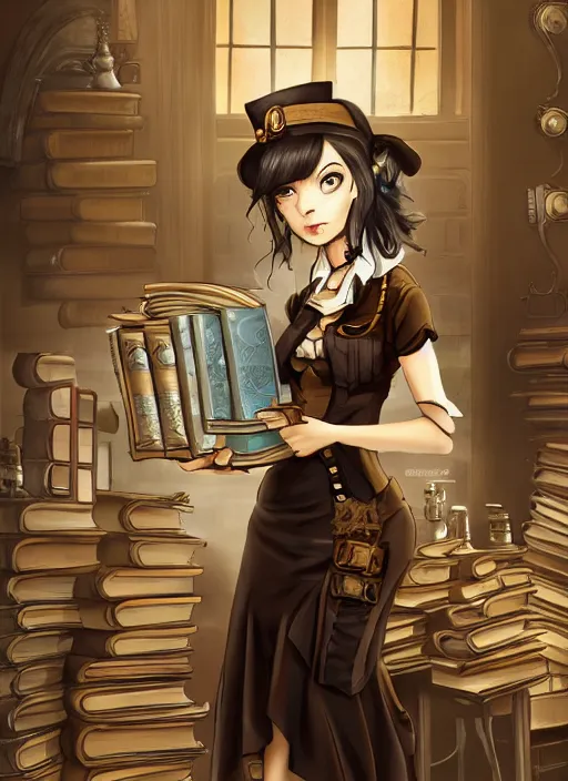 Image similar to a full shot of a steampunk female maid with a black bob hair style holding a stack of books, standing in a steampunk reading room. in a steampunk reading room. digital illustration, soft lighting lighting, 8K, anime, trending on ArtStation, digital art.