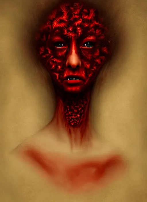 Image similar to dramatic dark red matte portrait painting of woman with black mandelbrot fractal instead of face, horror, body horror, dark art, 4 k, detailed, realistic, psychotic, insane, crazy, mental illness, dramatic,