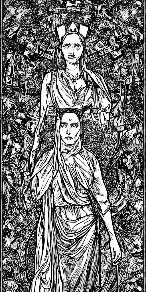 Prompt: the high priestess, tarot card, jachin and boaz columns, digital art, black and white