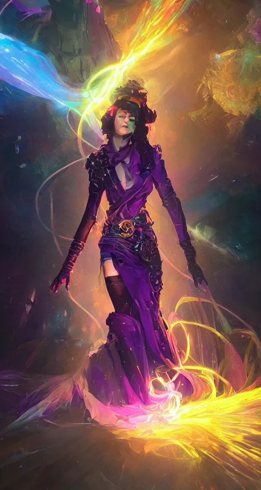 Prompt: she dreams of arcs of purple flame intertwined with glowing sparks, glinting particles of ice, dramatic lighting, steampunk, bright neon, secret holographic cyphers, red flowers, solar flares, high contrast, smooth, sharp focus, intricate art by artgerm and greg rutkowski and ruan jia