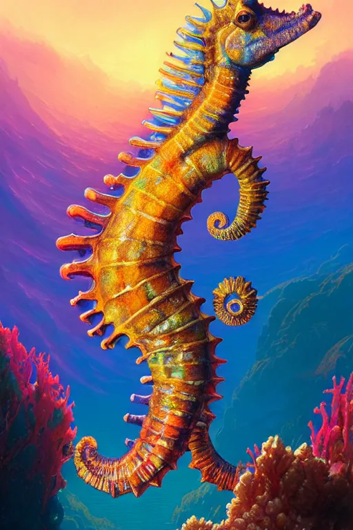 Image similar to highly detailed portrait of rainbow - colored seahorse, stephen bliss, unreal engine, fantasy art by greg rutkowski, rhads, ferdinand knab, makoto shinkai and lois van baarle, ilya kuvshinov, rossdraws, tom bagshaw, global illumination, radiant light, yellow blue theme, coral reef