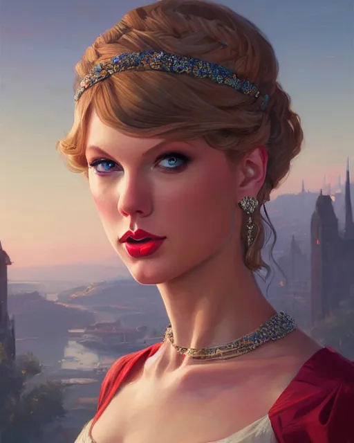 Image similar to portrait of taylor swift as an elegant renaissance goddess, in gta v, stephen bliss, unreal engine, by greg rutkowski, loish, rhads, makoto shinkai and lois van baarle, ilya kuvshinov, rossdraws, global illumination, radiant blue light!!, detailed and intricate environment