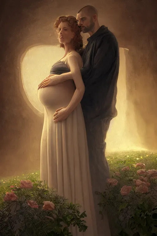 Image similar to a portrait of a pregnant widow next to her husband's grave, illustration, dramatic lighting, soft details, painting oil on canvas, art deco, octane render, HDR, 4k, 8k, HD, by Edmund Blair Leighton, Brom, Charlie Bowater, trending on artstation, faces by Tom Bagshaw, Sargent