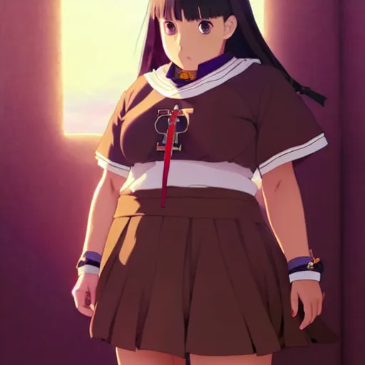 Image similar to a beautiful plus sized natalie portman model, brown skin, wearing catholic school girl outfit with mayan pattern and native style, jrpg aztec street fashion, gapmoe yandere grimdark, trending on pixiv fanbox, painted by greg rutkowski makoto shinkai takashi takeuchi studio ghibli, akihiko yoshida