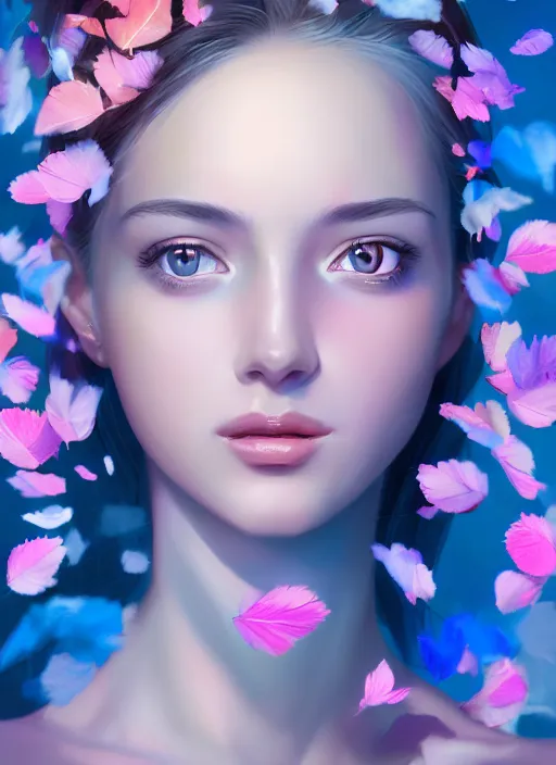 Prompt: gorgeous female covered in translucent blue and pink leaf and petals in the style of stefan kostic, cute - fine - face, dasha taran, backlit, refracted lighting, elegant, half body shot, 8 k, insanely detailed, intricate, art by stanley lau, artgerm, wlop, kuvshinov ilya,