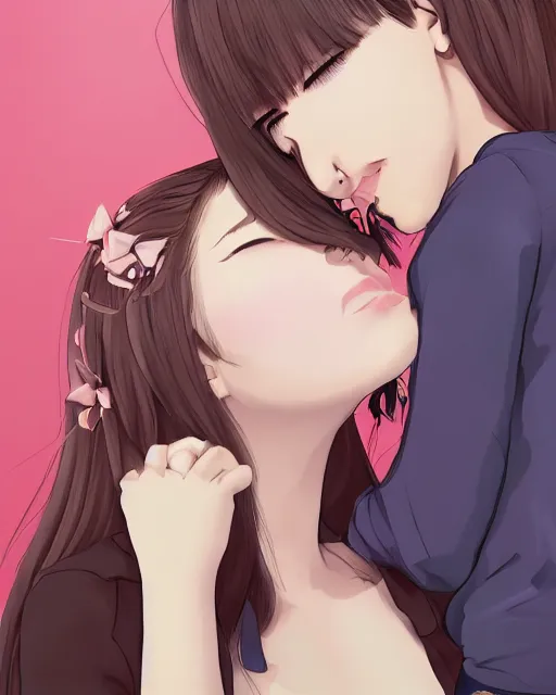 Image similar to portrait of a girl kissing another girl on the neck, anime, trending on Artstation