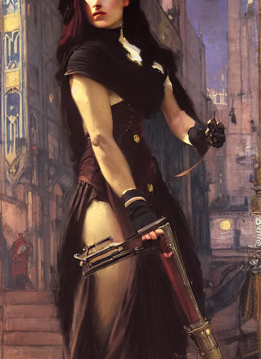 Prompt: victorian heist crew member. the assassin. iranian orientalist portrait by john william waterhouse and edwin longsden long and theodore ralli and nasreddine dinet, oil on canvas. cinematic. ( bioshock infinite, sherlock holmes, concept art, the order 1 8 8 6, circus electrique ). moody london scene.