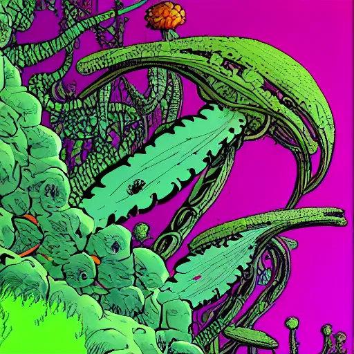Prompt: crazy vegetation and alien flowers by moebius, clean line, colorful comics style, artstation