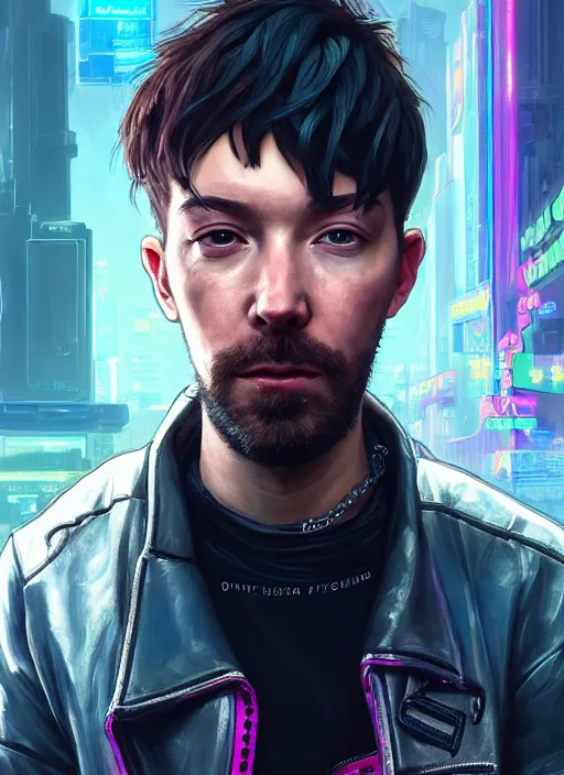 Prompt: !dream portrait of DanTDM as a homeless character in Cyberpunk 2077, looking at camera, intricate, dystopian, sci-fi, extremely detailed, digital painting, artstation, concept art, smooth, sharp focus, illustration, intimidating lighting, incredible art by artgerm and greg rutkowski and alphonse mucha and simon stalenhag