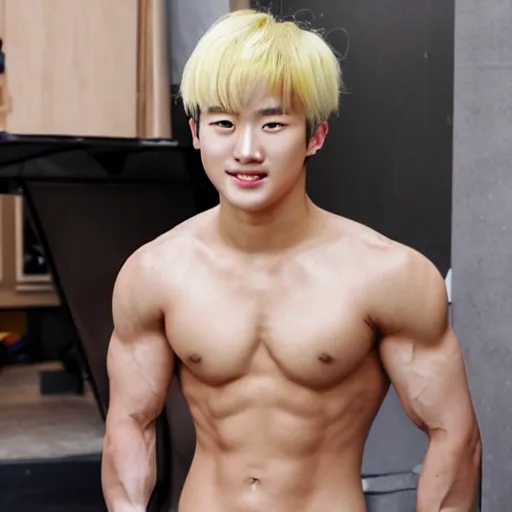 Image similar to a blond korean 2 0 year old man with large muscles and abs