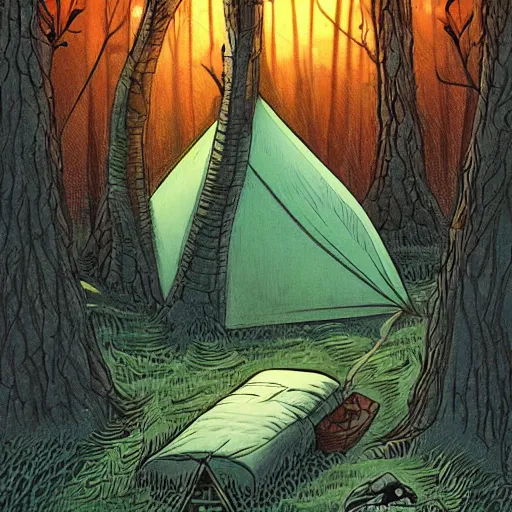 Prompt: a tent by the river in the deep, remote woods by tim doyle and chris leib, from nightmare before christmas | detailed | elegant | trending on artstation