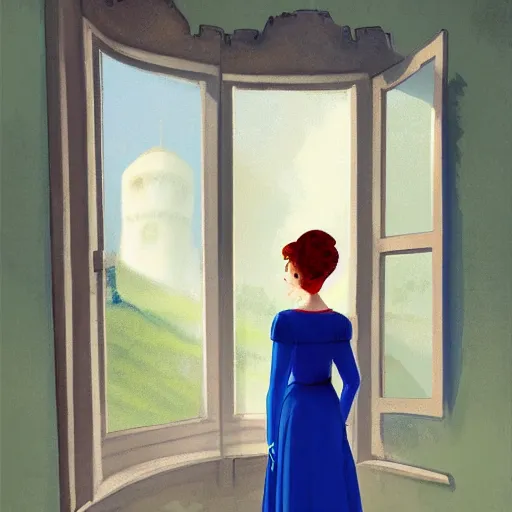 Prompt: a woman in an open dress royal dress looking out a castle window, ArtStation trending, detailed, digital art, calm colors, 1930s Childrens book