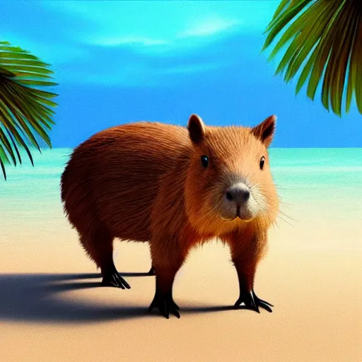 Image similar to “capybara and bunny with black spots on face and nose, on the beach with blue water and white sand, swaying palms, photorealistic render, colorful sunset, unreal engine 5, dynamic lighting, trending on artstation,”