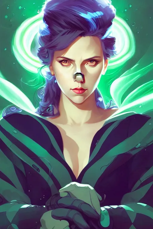 Image similar to style artgerm, joshua middleton, illustration, scarlett johansson as artificer wearing green pelt light armor, anime eyes, blue hair, swirling water cosmos, fantasy, dnd, cinematic lighting