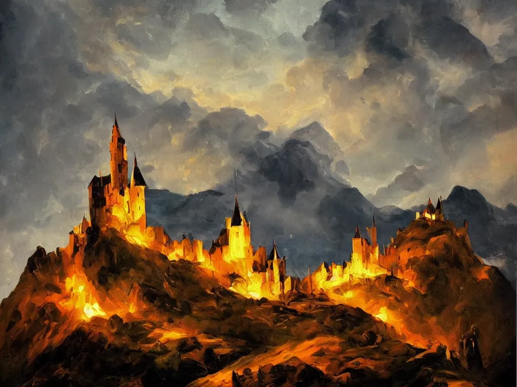 Image similar to modern stylized oil painting of medieval castle on mountain, fire, american romanticism by goya, bright art, cinematic dramatic lighting