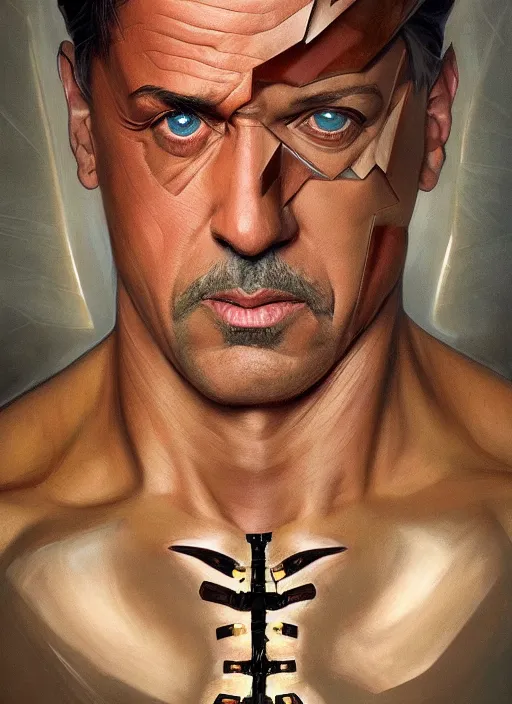 Image similar to symmetry!! silvester stallone, machine parts embedded into face, intricate, elegant, highly detailed, digital painting, artstation, concept art, smooth, sharp focus, illustration, art by artgerm and greg rutkowski and alphonse mucha, 8 k