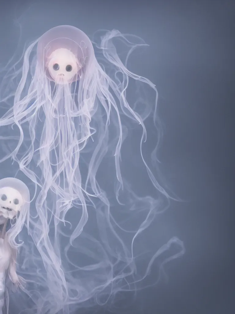 Image similar to cute fumo plush beautiful ectoplasmic gothic skeletal jellyfish ghost girl, glowing milky wisps of hazy smoke and volumetric fog, lens flare, subsurface scattering, vignette, asymmetry, bokeh, refraction, vray