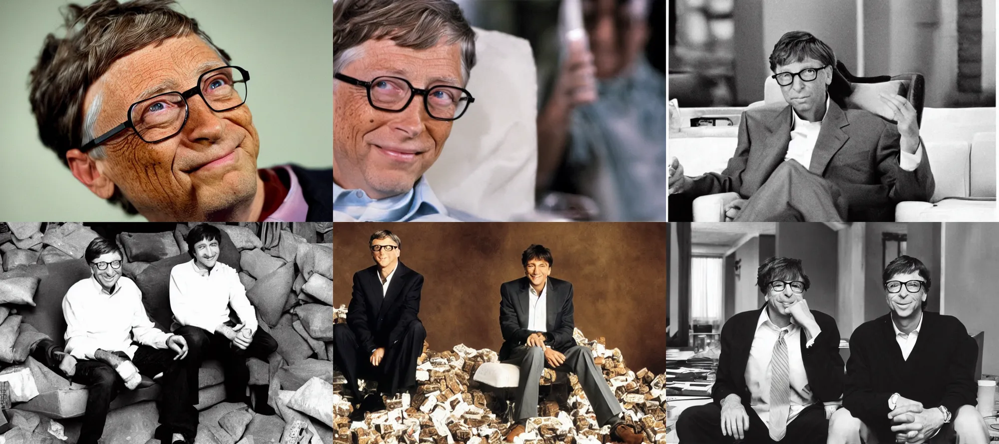 Prompt: Bill Gates as tony montana sitting in front of a pile of coke