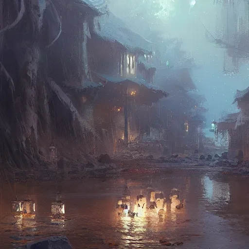 Image similar to concept art, river lanterns, by james gurney, greg rutkowski, john howe, artstation