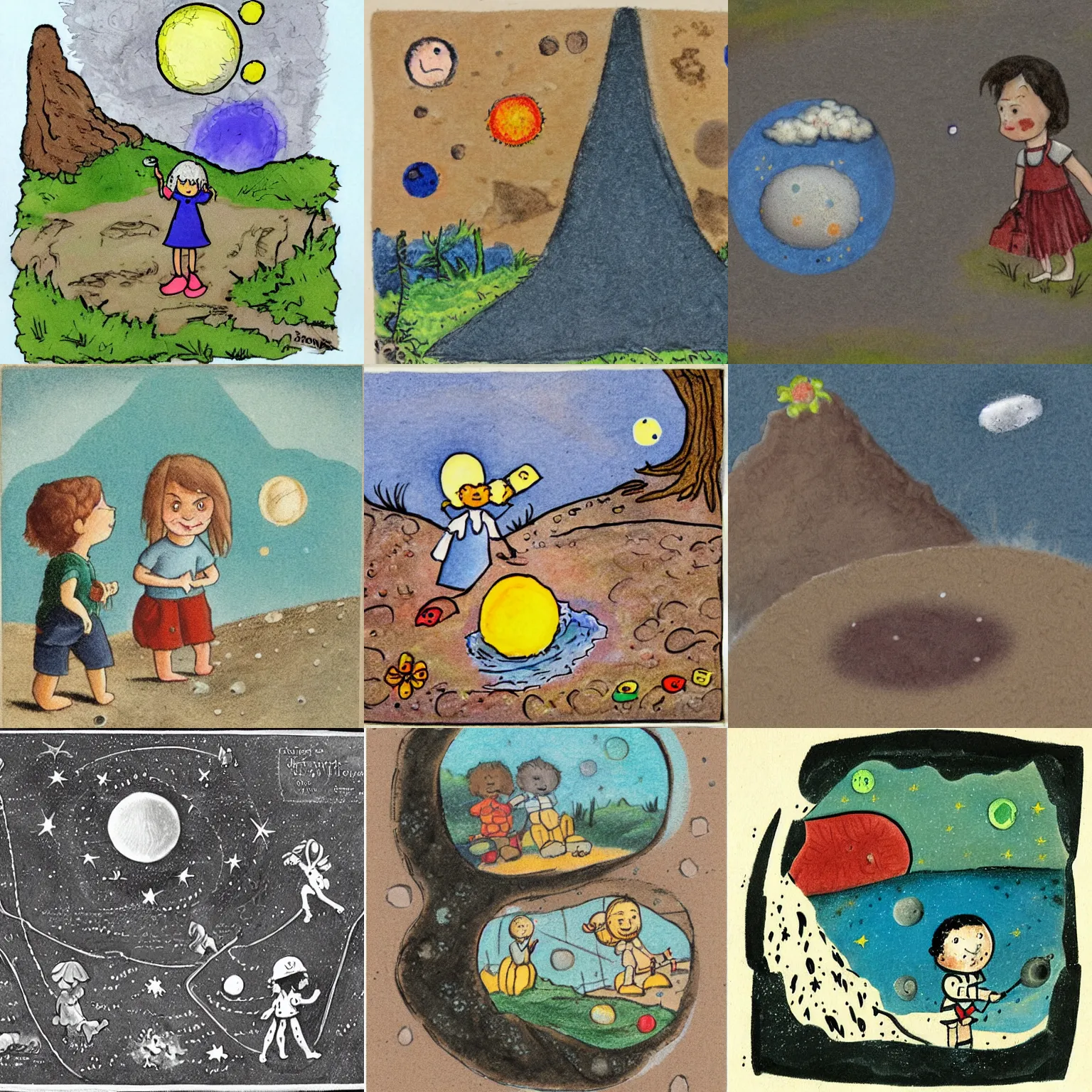Prompt: the children explored the craters and looked at moons rocks and dust. , tiny Childrens Illustration, in the style of Dorothy Brook