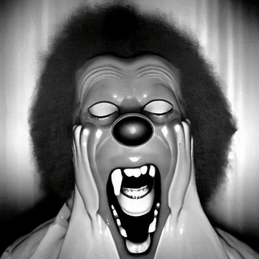 Image similar to creppy 2 0 0 1 photo of ronald mcdonald screaming in a dark room