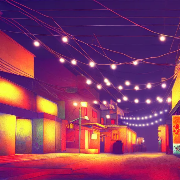 Image similar to Downtown Mexico alley, string lights, colorful lighting, night, realism, rule of thirds photo, intricate abstract, ((gta 5 screenshot house)), by Tooth Wu, by Greg Rutkowski, studio Ghibli