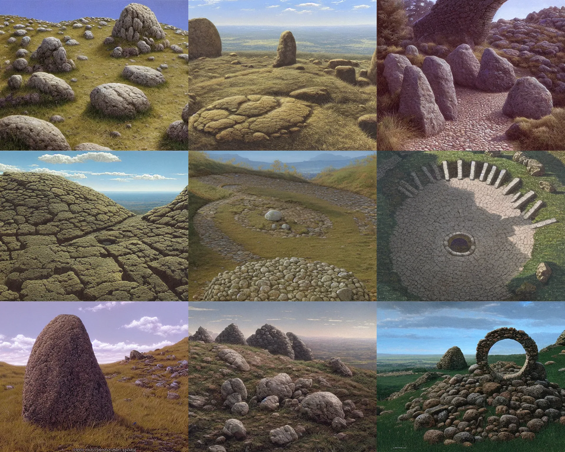 Prompt: a high hill with a circle of large stones in the shape of a finger on the top, by ted nasmith