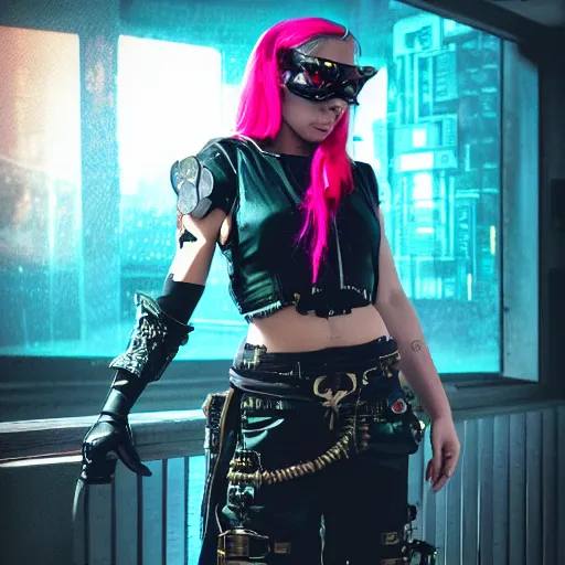 Image similar to photo of a cyberpunk female pirate