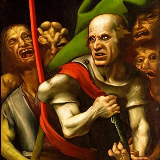 Image similar to Renaissance painting of goblin with red eyes raging rusty sword