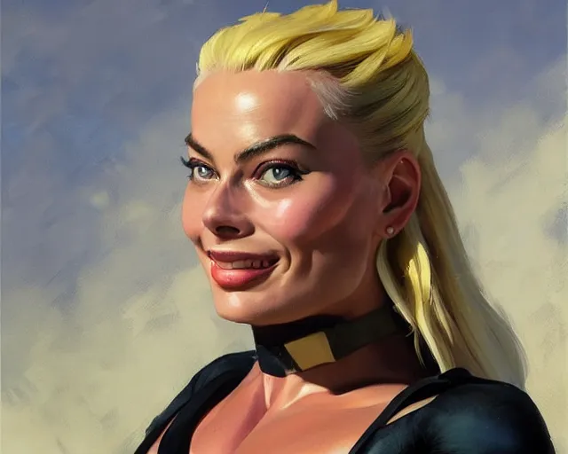 Prompt: greg manchess portrait painting of smiling margot robbie as beautiful thick female bodybuilder zarya from overwatch, medium shot, asymmetrical, profile picture, organic painting, sunny day, matte painting, bold shapes, hard edges, street art, trending on artstation, by huang guangjian and gil elvgren and sachin teng
