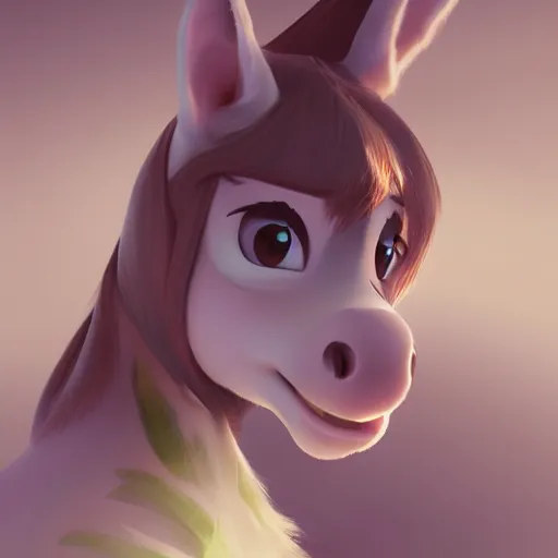 Image similar to portrait character design a young cute elegant horse girl, style of maple story and zootopia, 3 d animation demo reel, portrait studio lighting by jessica rossier and brian froud and gaston bussiere