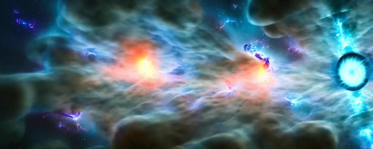 Prompt: cool vortex, cinematic render of atmospheric space, nebula, galaxy, homeworld skies, volumetric lighting, cumulous fractal smoke pillars nebula