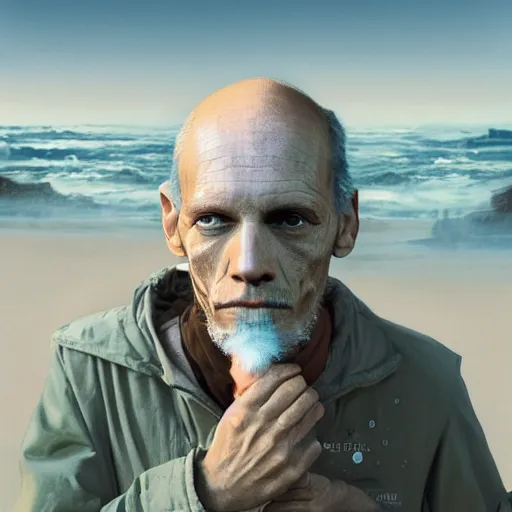 Image similar to a portrait of a interstellar hitchhiker john malkovich on a brilliant marble - sanded beaches of santraginus, inhaling the heady sea vapors, hyperrealistic, artstation, cinematic light, lars von trier