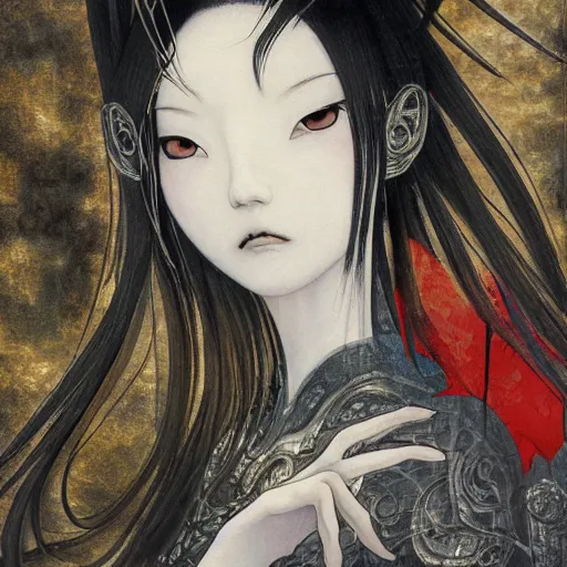 Prompt: yoshitaka amano blurred and dreamy realistic illustration of a japanese woman with black eyes, wavy white hair fluttering in the wind wearing elden ring armor with engraving, abstract patterns in the background, satoshi kon anime, noisy film grain effect, highly detailed, renaissance oil painting, weird portrait angle, blurred lost edges, three quarter view