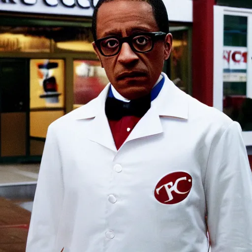 Prompt: gustavo fring standing in front of a newly opened kfc