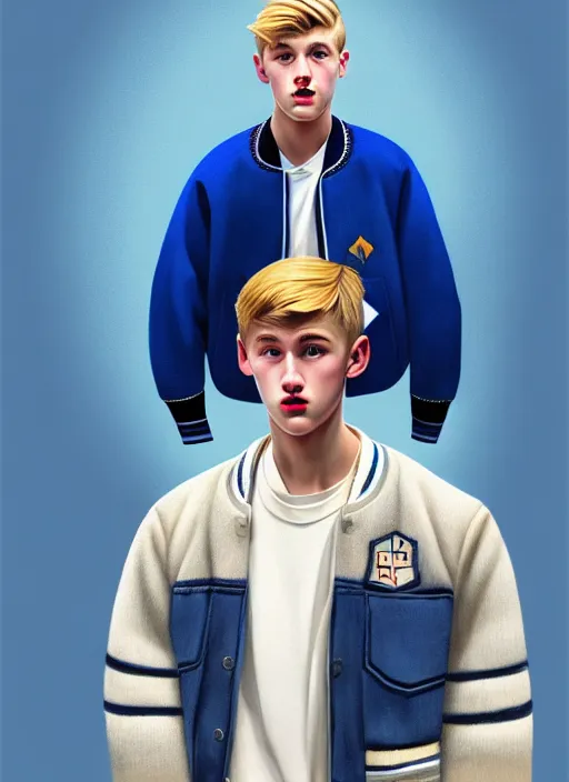 Image similar to portrait of a teenage boy named moose mason, blonde short hair, jock, beefy, square jaw, square facial structure, 1 9 5 0 s, blue varsity jacket, intricate, elegant, glowing lights, highly detailed, digital painting, artstation, concept art, smooth, sharp focus, illustration, art by wlop, mars ravelo and greg rutkowski