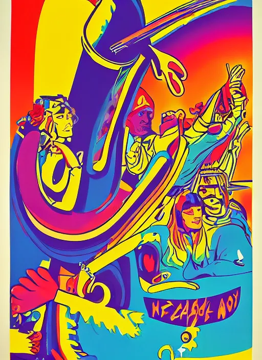 Prompt: a 6 0's style poster, hippie art in peter max colors by alex gray and karl ferris