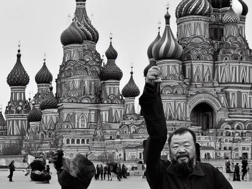 Prompt: ai weiwei blurry black and white photograph giving the middle finger to the kremlin moscow russia