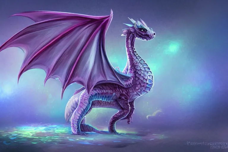 Image similar to full body digital illustration of a tiny baby dragon with iridescent wings, pastel color scheme, concept art, matte background, deviantArt, artstation, artstation HQ, HD, 4k resolution