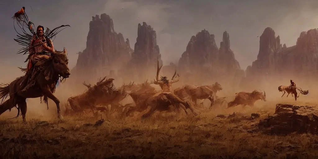 Image similar to buffalo chase ,native indian on ancient wood atv, attacking, action scene, an epic fantasy, dramatic lighting, cinematic, establishing shot, extremely high detail, photorealistic, cinematic lighting, artstation, octane render, by simon stalenhag, horizon forbidden west and futuristic western