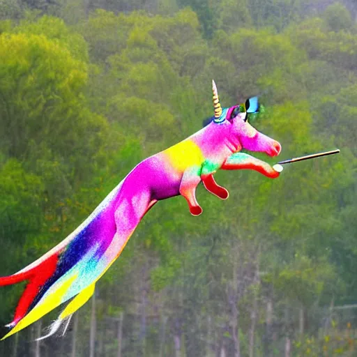 Prompt: unicorn sharp focus colorful photograph long tail flying